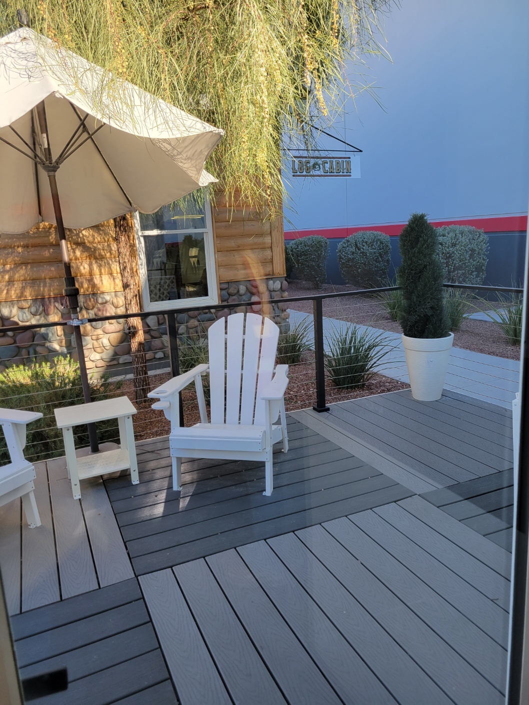 Outdoor patio area at modular housing facility