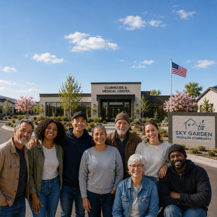 Sky Garden team at the modular housing facility